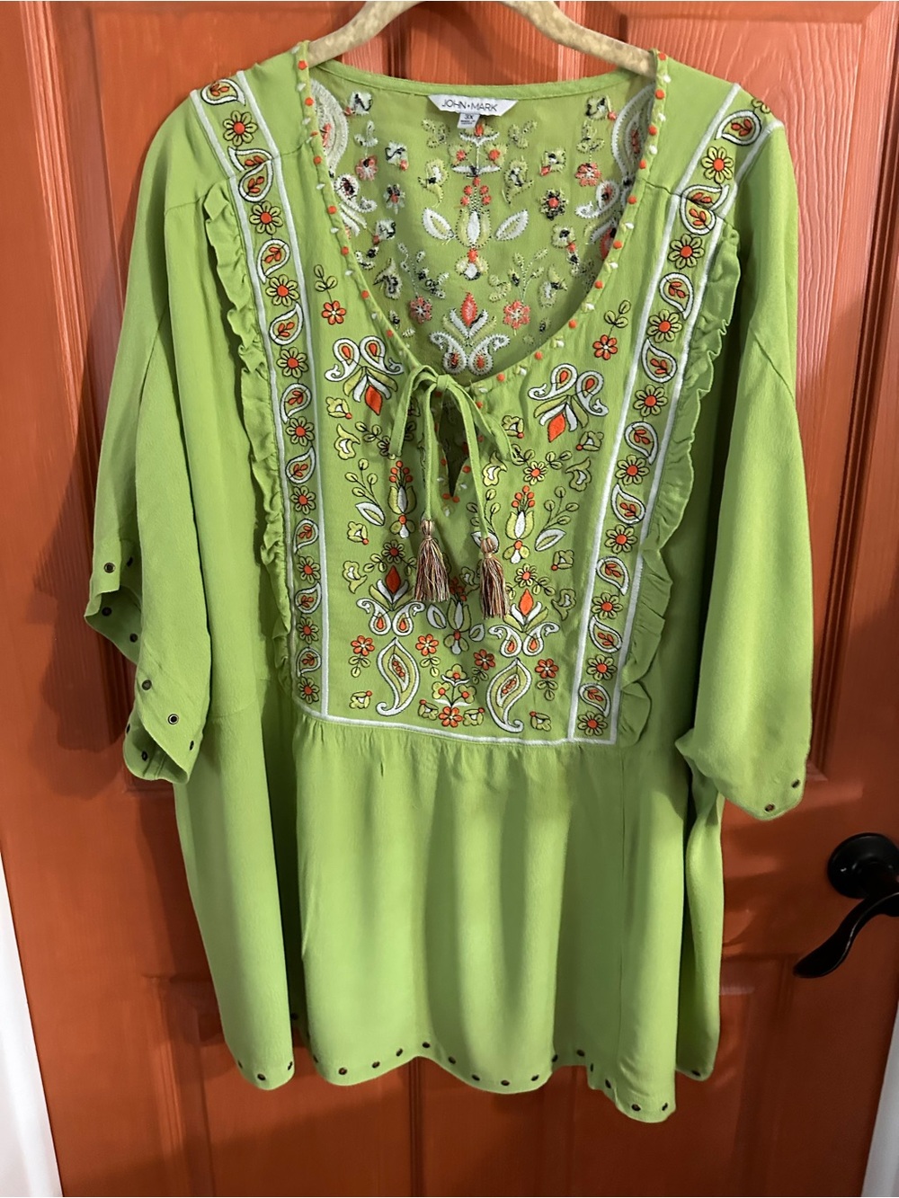 John Mark Lime Green Embroidered Boho Tunic